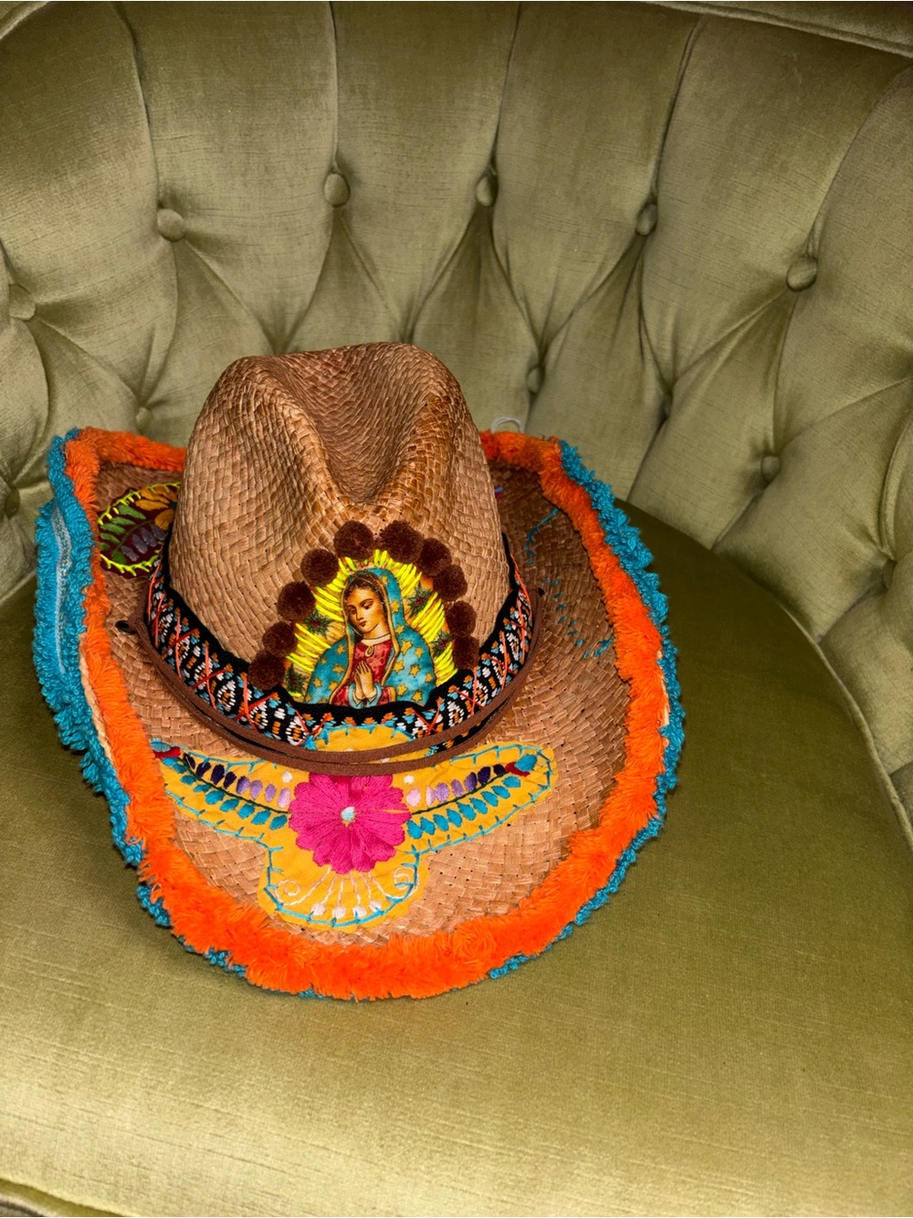 Bohemian Gypsy Queen Embroidered Raffia Straw Hat Fringe Brim medium - Picture 6 of 12